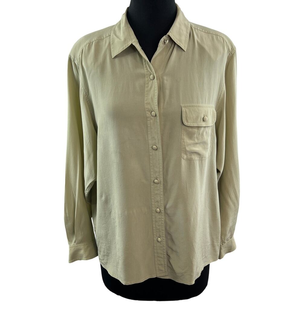 VINTAGE Ginny Hyde Beige Top Silk Collared Long Sleeve Button-Up Size Large L